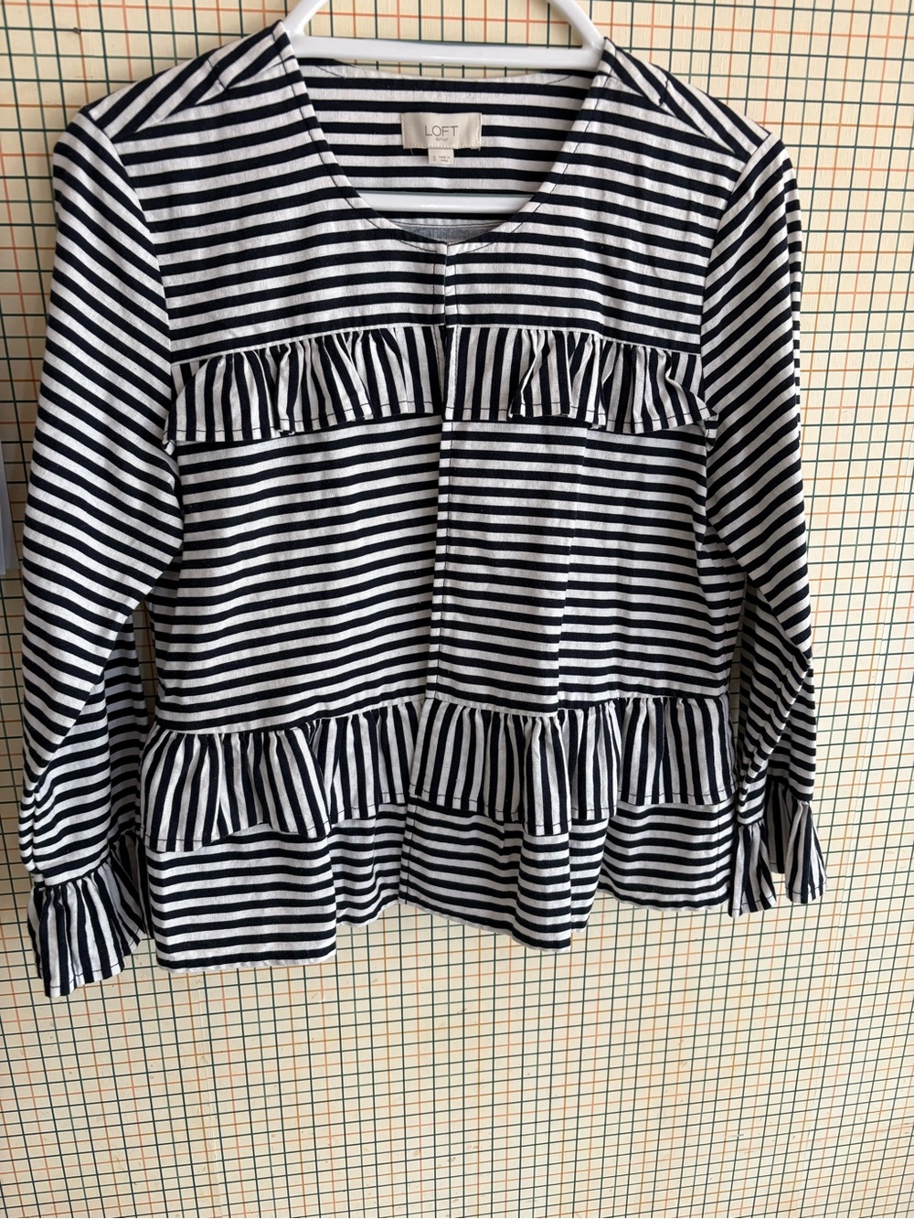 LOFT Navy and White Striped Ruffle Peplum Top